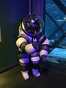 Atmospheric diving suit on display.