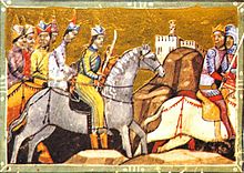 A miniature depicting a crowned man on a horse chased by a group of horsemen