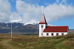 Church in Hellnar with Snæfellsjökull, Iceland