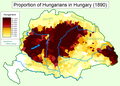 1890年匈牙利國土以及馬扎爾人所占人口比重圖