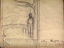 Drawing of Arthur Jordan hanging from a tree following being lynched, drawn by Dr. Gustavus R.B. Horner. Arthur Jordan's name appears on the lower right-hand side. [1]