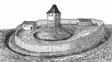 Early attempt at reconstruction of a château à Motte by A. de Caumont, 19th century