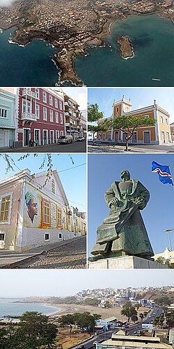 顺时针方向：普拉亚鸟瞰图、普拉亚市政厅、迪奥戈·戈梅斯纪念碑、普拉亚景观、阿米尔卡·卡布拉尔基金会、伊尔多·洛博（英语：Ildo Lobo）文化宫
