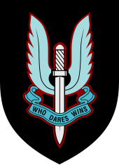 Emblem of a winged sword with the motto, "Who dares, wins"