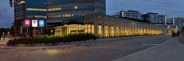 Exterior of new entrance pavilion viewed at night