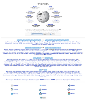 Wikipedia's homepage with links to many languages.