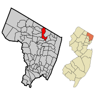 Location of River Vale in Bergen County highlighted in red (left). Inset map: Location of Bergen County in New Jersey highlighted in orange (right).