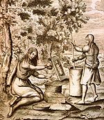 Iroquois women at work grinding corn or dried berries (1664 engraving).