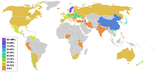 World map showing the percentages of people who regard religion as "non-important" according to a 2002 Pew survey