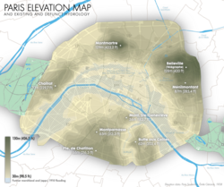 Paris elevation and hydrology, 2012 J.M. Schomburg Elevation map of Paris' highest buttes. Also included: existing and defunct hydrology.