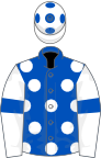 Royal blue, white spots, white sleeves, royal blue armlet, white cap, royal blue spots