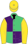 Emerald green and purple (quartered), yellow sleeves and cap