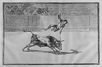 Goya, # 20 from the Tauromaquia series (1816), The agility and audacity of Juanito Apiñani in the ring at Madrid, etching and aquatint