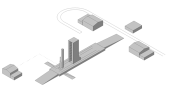 An axonometric sketch of the Main Launch Platform, left to right: - fuel tank (piped drains) - launch ramp with Simorgh - auxiliary service facilities.
