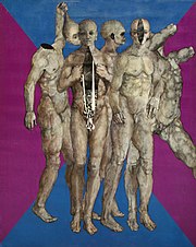 A painting of four grey figures shown in front of a purple and blue background.