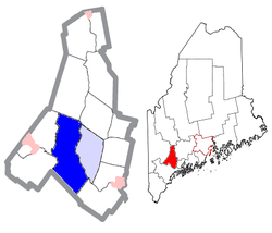 Location of Auburn (dark blue) and Lewiston (light blue).