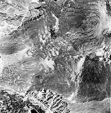 A top-down, black-and-white photograph of Mummy Mountain.