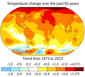 World map of temperature distribution shows the northern hemisphere was warmer than the southern hemisphere during the periods compared.