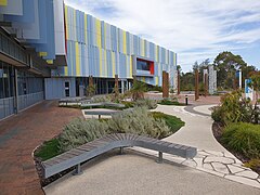 This image is a facade of the main university library on the Joondalup campus.