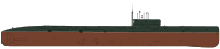 Graphic depicting a submarine with a blunt squared-off bow, a wide cylindrical hull that end in a blunt stern and rudder, a low conning tower that has nine radio masts and periscopes, and two propeller shafts near its stern.