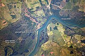 Paraná River Floodplain, at its confluence as his right headstream Paranaíba with the Verde River near Panorama, Brazil. Astronaut photo, 2012.