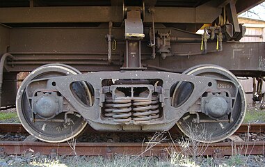 A Bettendorf-style truck with axle boxes, which are not part of the side frames, at the wheels