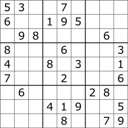 A typical Sudoku puzzle, with nine rows and nine columns that intersect at square spaces. Some of the cells are filled with a number; others are blank cells to be solved.