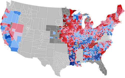 Results by county, shaded according to winning candidate's percentage of the vote