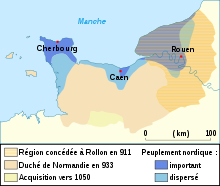 Carte de l'évolution du duché de Normandie de sa création en 911 à 1050.