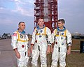 Grissom, White, and Chaffee in front of their Apollo 1 rocket on the launch pad
