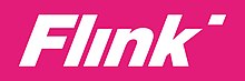 The logo of flink, a pink box with a white italic typeface. There is no dot above the letter i. However there is a dot at the end of the logotype as a stylistic decision.