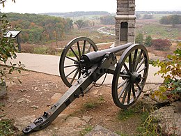 Photo shows a 10-pounder Parrott rifled gun on Little Round Top at Gettysburg National Military Park.