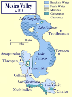 The Valley of Mexico at the time of the Spanish conquest, showing Texcoco in relation to Tenochtitlan and other cities in the Valley of Mexico.