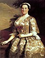 Mrs. Charles Willing of Philadelphia was painted by Robert Feke in 1746 wearing a gown of imported Spitalfields silk brocade designed in 1743 by English textile designer Anna Maria Garthwaite.