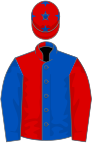 Royal blue and red (halved), reversed sleeves, red cap, blue stars