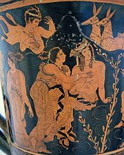 Red-figure vase painting of Aphrodite and Phaon (c. 420-400 BC)