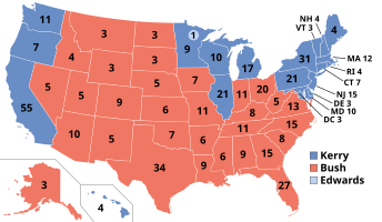 Presidential election results map. Red denotes states won by Bush/Cheney and blue denotes those won by Kerry/Edwards. Numbers indicate electoral votes cast by each state and the District of Columbia.