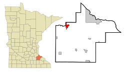 坎农福尔斯在古德休县及明尼苏达州的位置（以红色标示）