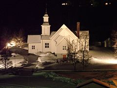 Skjervøy Church in northern Troms at night, February 2004