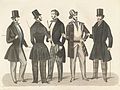 Different innovative, early interpretations of formal trousers with frock coats and top hats, in Stockholms mode-journal (1847).