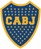 A Blue shield with a golden border. Inside the shield, 67 stars inside the shield with the golden letters "CABJ" (meaning "Club Atlético Boca Juniors") printed around the center, separating the stars