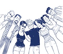 Several characters in Jane's World. From left to right: Jill, Ethan, Chelle, Jane, Dorothy, Dorrie, and Archie.