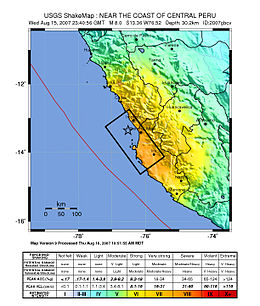 秘鲁海岸线的地图，显示地震的位置和强度