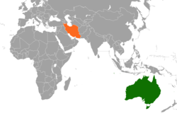 Map indicating locations of Australia and Iran
