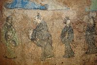 A Western Han (202 BC - 9 AD) fresco depicting Confucius (and Laozi), from a tomb of Dongping County, Shandong province, China