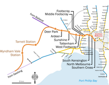 Map of the Regional Rail Link corridor through Melbourne's west, which opened in 2015.