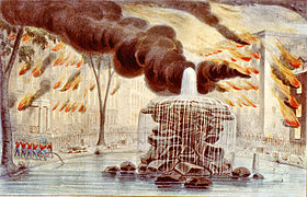 Illustration of the Great New York City Fire of 1845 from Bowling Green, July 19, 1845.