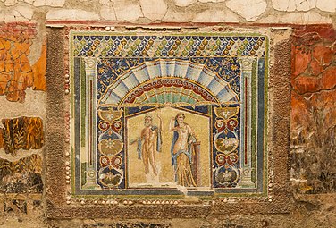 Roman mosaic of Neptune and Amphitrite, c.70 BC, mosaic, Casa di Nettuno e Anfitrite, Herculaneum Archaeological Park, Ercolano, Italy[16]