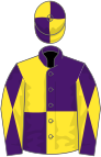 Purple and yellow (quartered), diabolo on sleeves, yellow and purple quartered cap