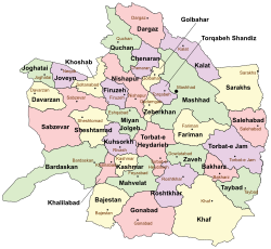 Location of Nishapur County in Razavi Khorasan Province (top left, pink)